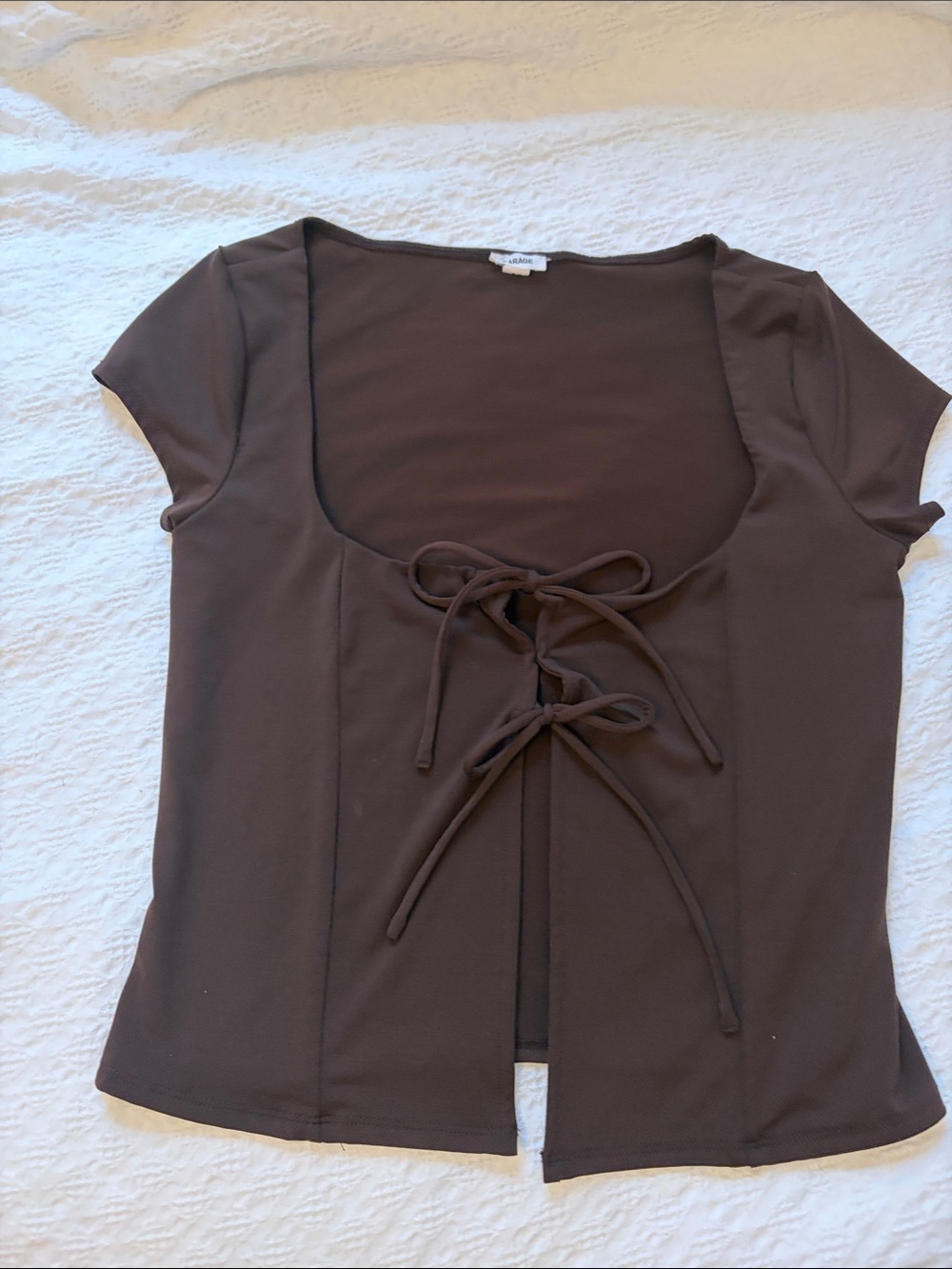 Garage Brown Short Sleeve Tie-Front Top